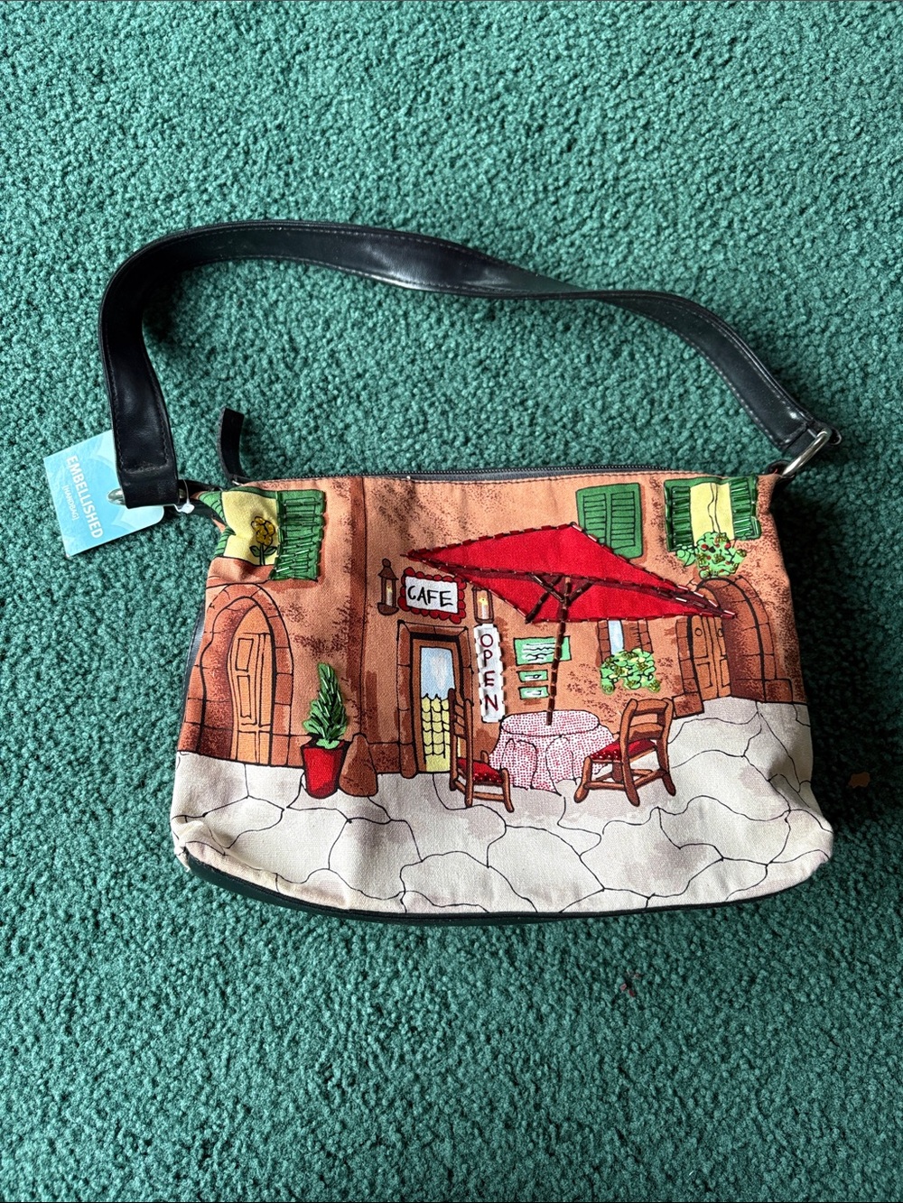 Canvas Cafe Scene Shoulder Bag in Multi-Color